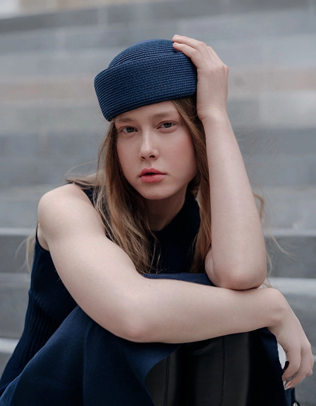 Navy Straw Pillbox Hat