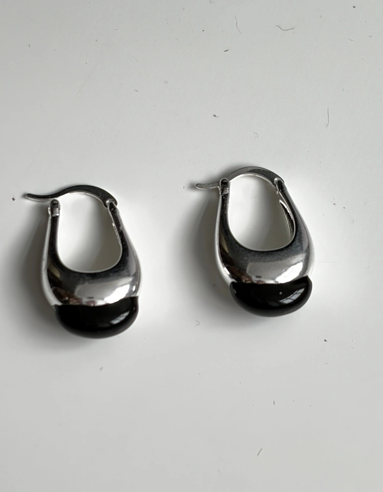 Sterling Silver And Onix Hoop Earrings
