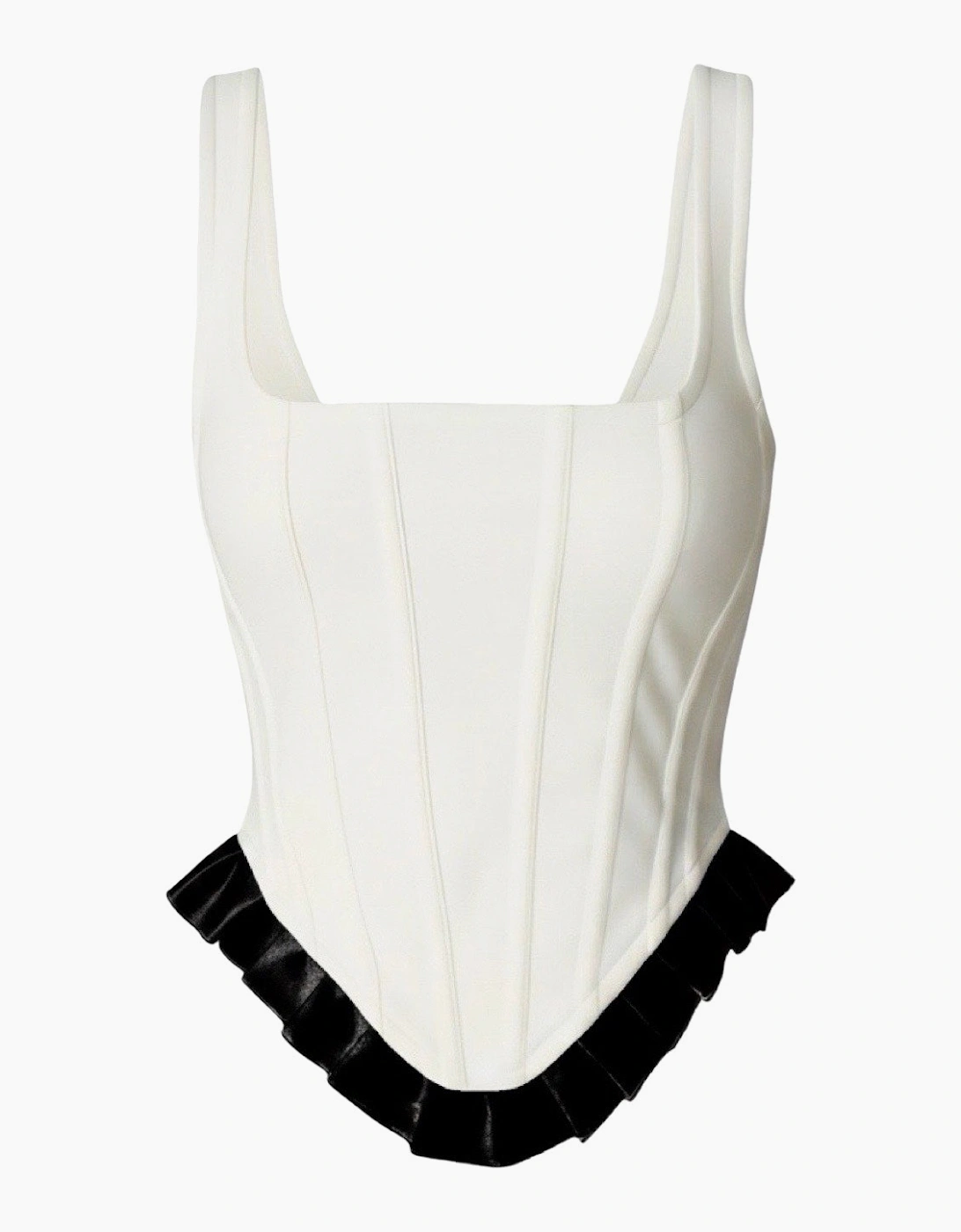 White Rib Knit Corset Top With Ruffle