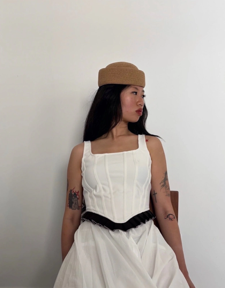 White Rib Knit Corset Top With Ruffle
