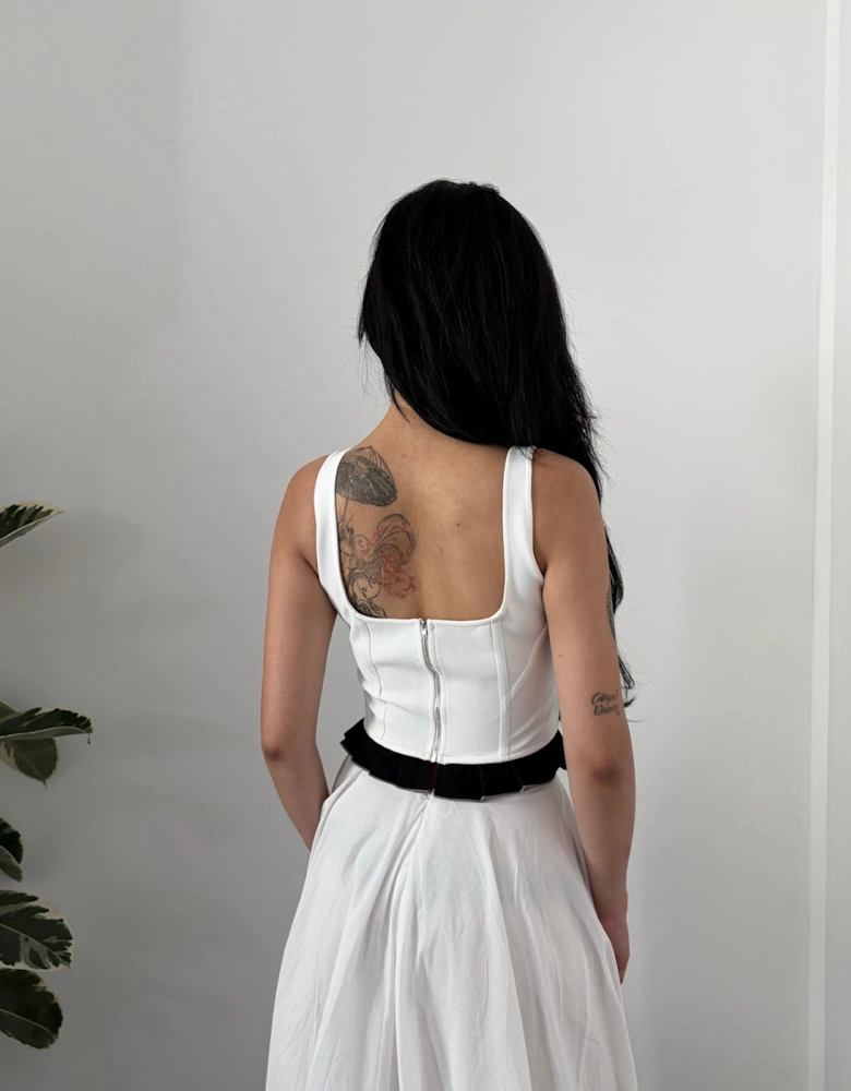 White Rib Knit Corset Top With Ruffle