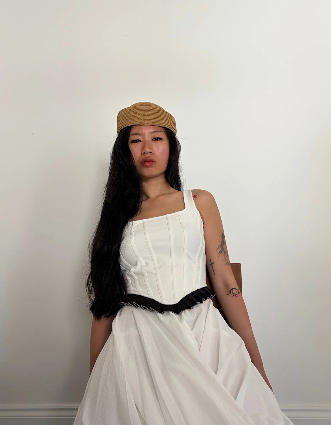 White Rib Knit Corset Top With Ruffle