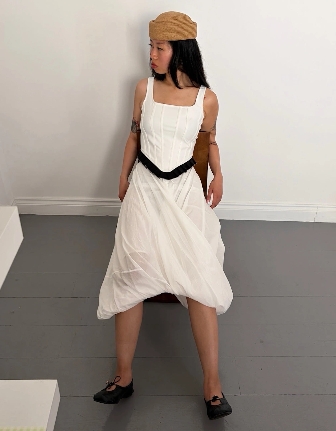 White Rib Knit Corset Top With Ruffle