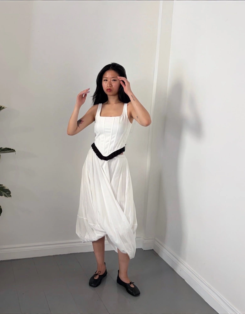 White Rib Knit Corset Top With Ruffle