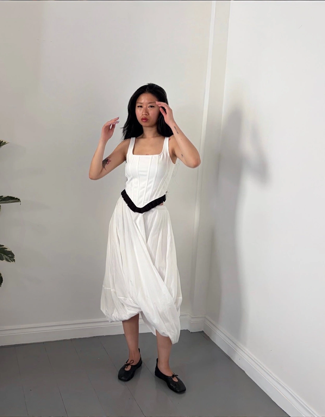 White Rib Knit Corset Top With Ruffle