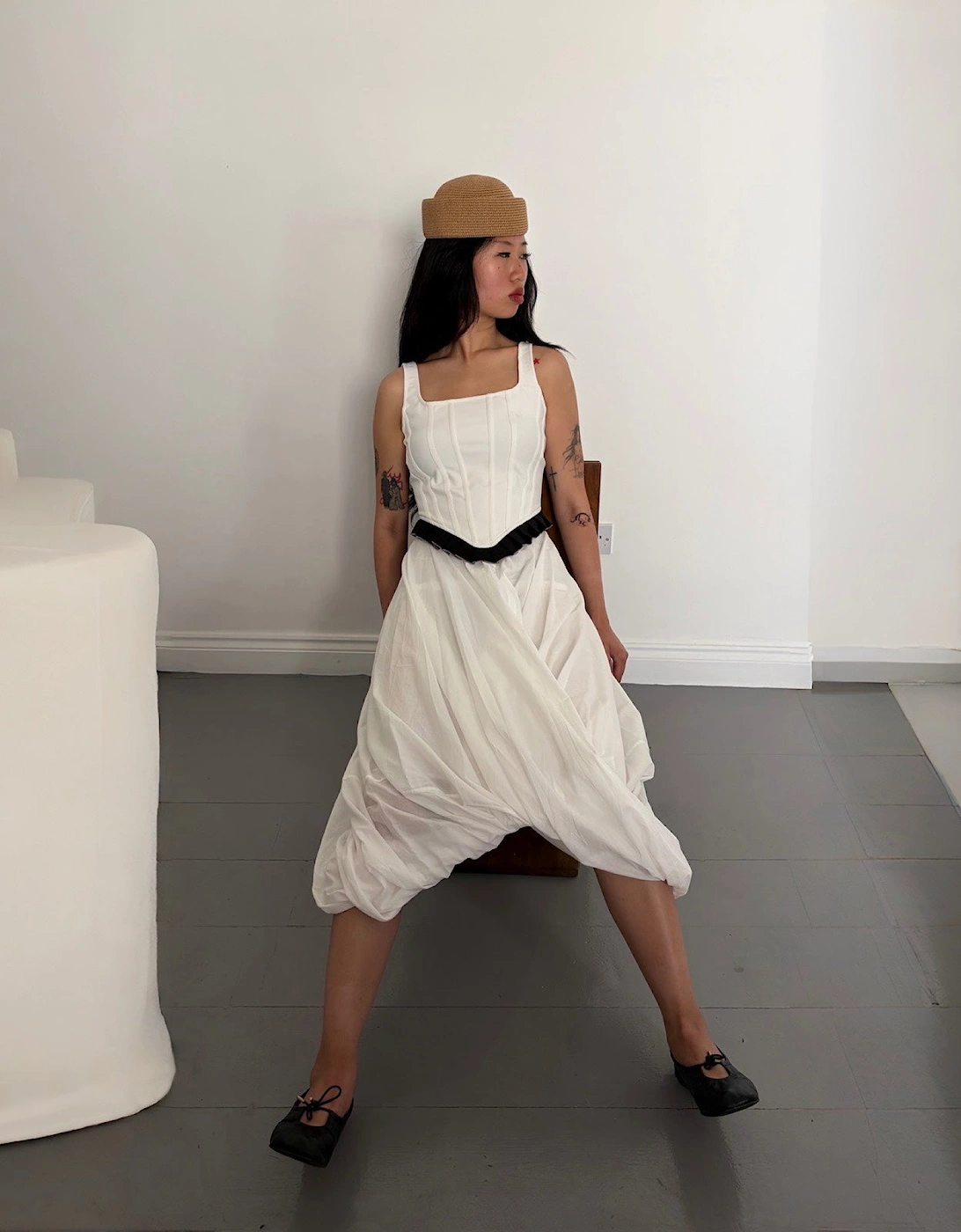 White Rib Knit Corset Top With Ruffle