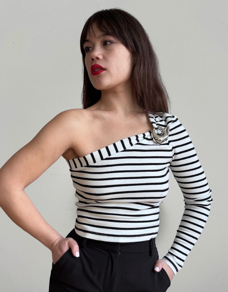 Striped One Sleeve Top With Metal Brooch