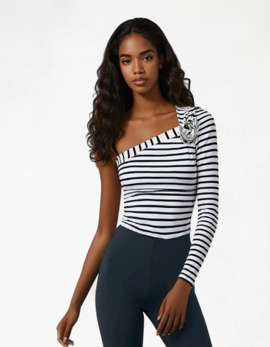 Striped One Sleeve Top With Metal Brooch