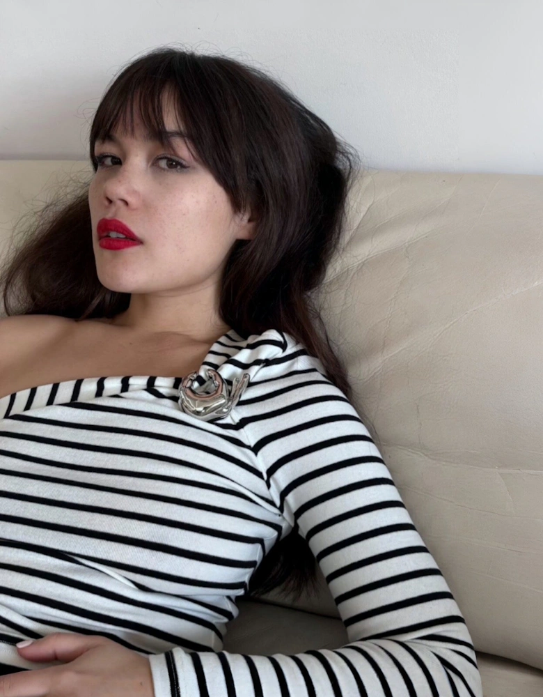 Striped One Sleeve Top With Metal Brooch