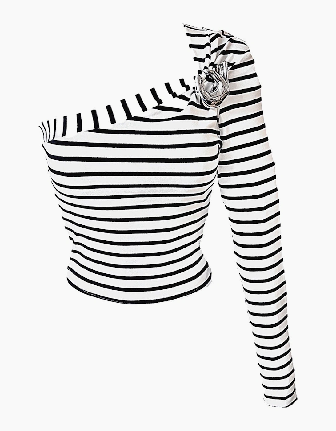 Striped One Sleeve Top With Metal Brooch