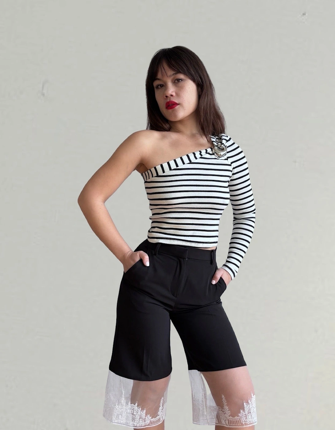 Striped One Sleeve Top With Metal Brooch