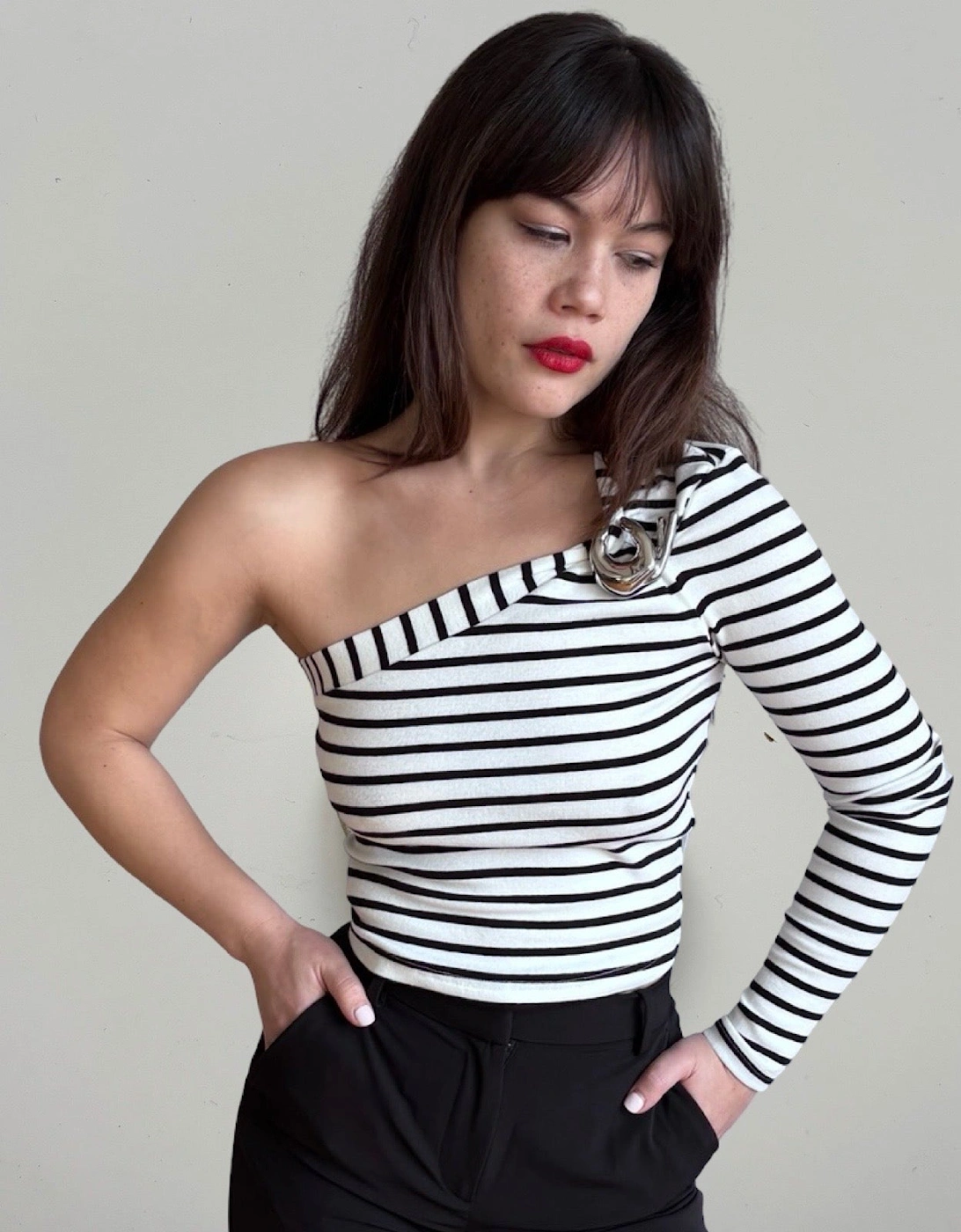 Striped One Sleeve Top With Metal Brooch