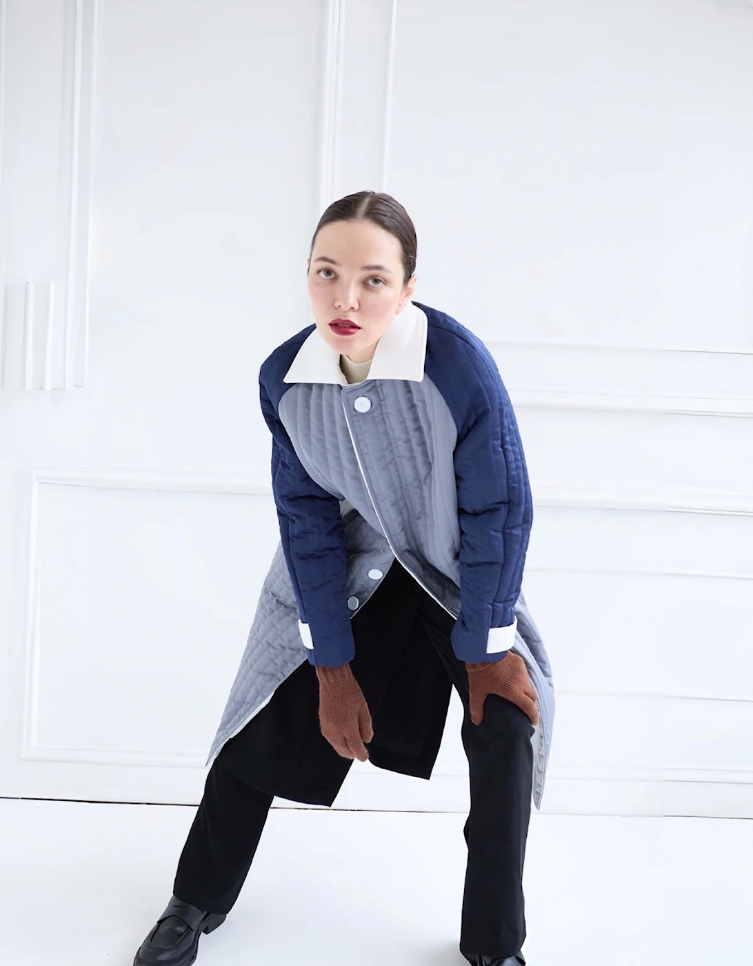 Grey Navy Patchwork Block Quilt Long Jacket