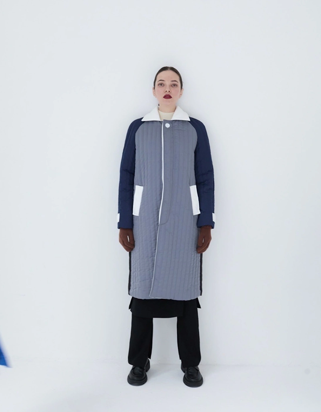 Grey Navy Patchwork Block Quilt Long Jacket
