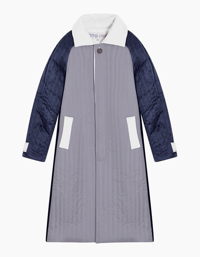 Grey Navy Patchwork Block Quilt Long Jacket