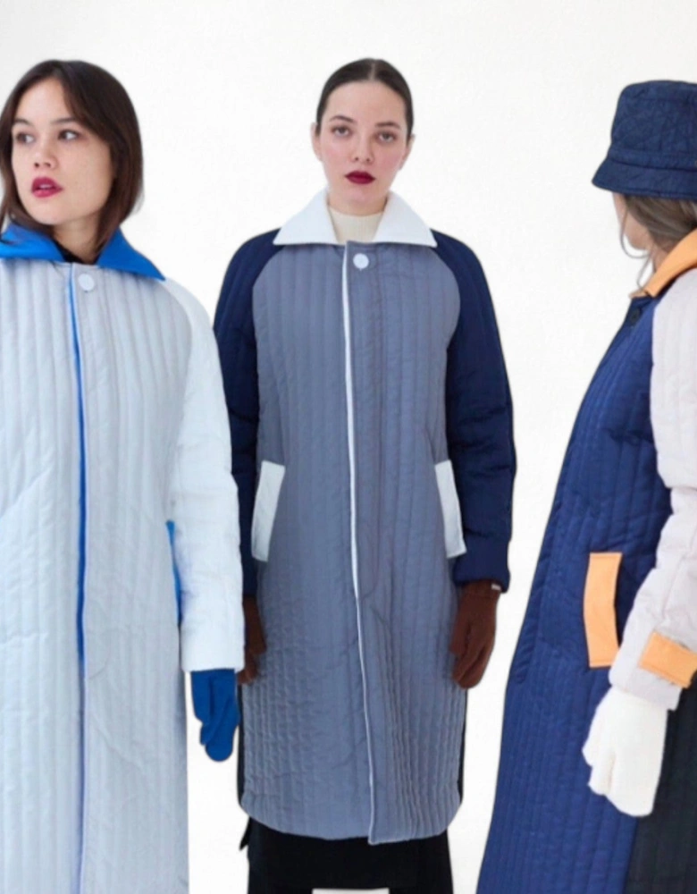 Grey Navy Patchwork Block Quilt Long Jacket