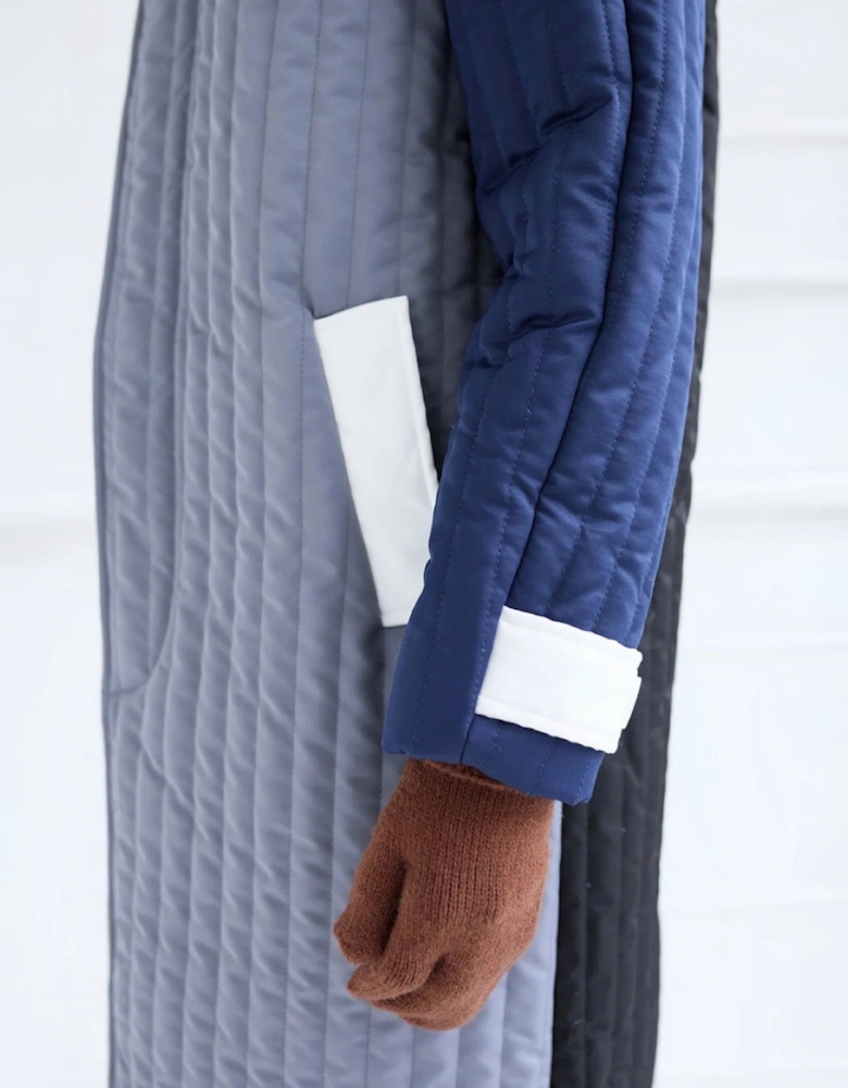 Grey Navy Patchwork Block Quilt Long Jacket