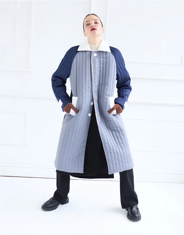 Grey Navy Patchwork Block Quilt Long Jacket