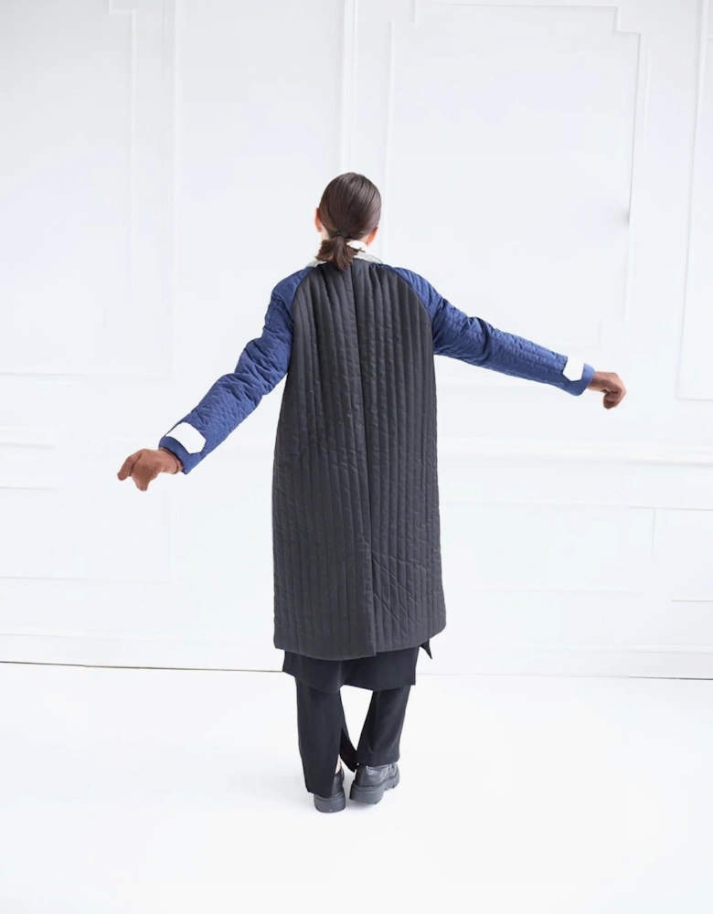 Grey Navy Patchwork Block Quilt Long Jacket