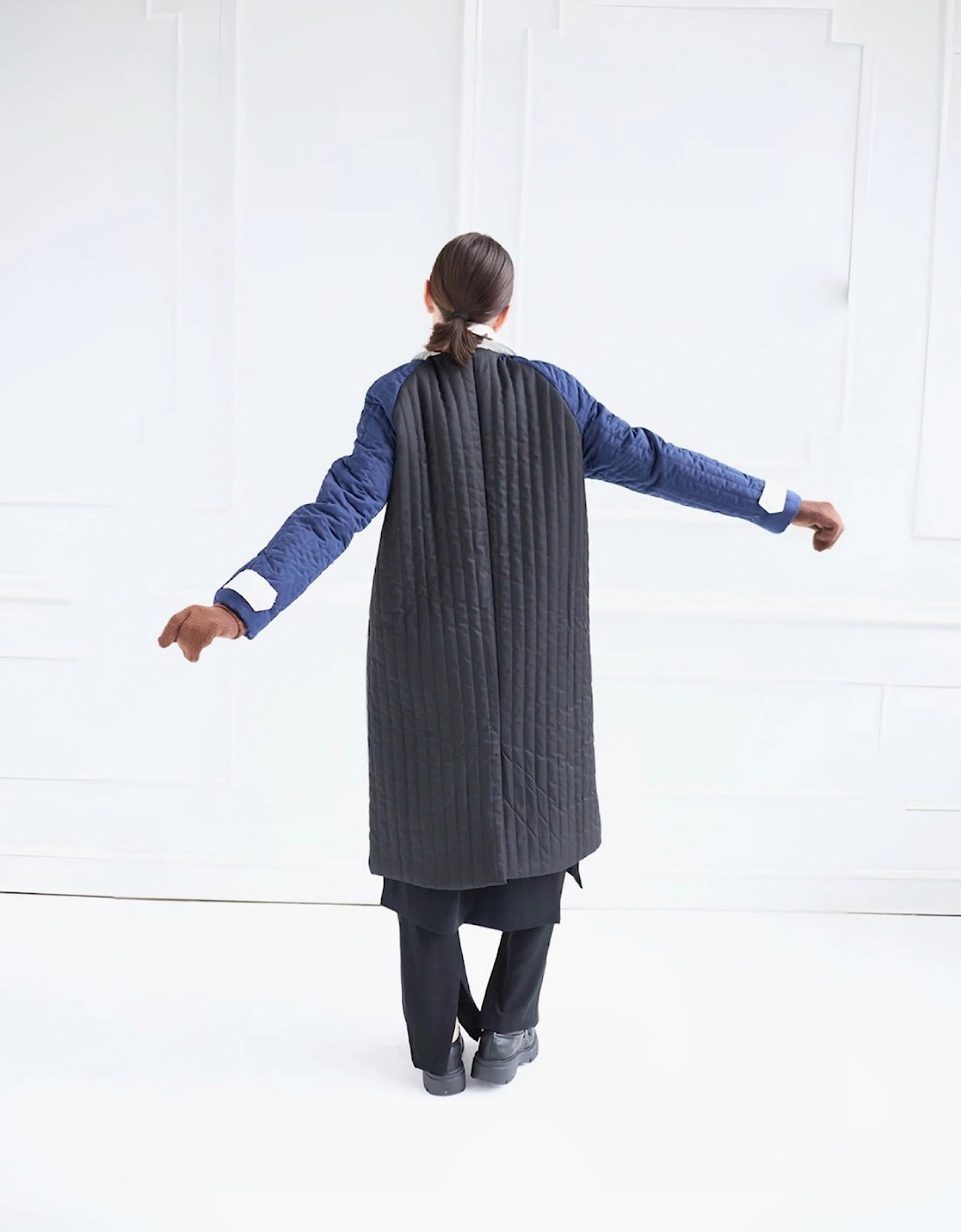 Grey Navy Patchwork Block Quilt Long Jacket