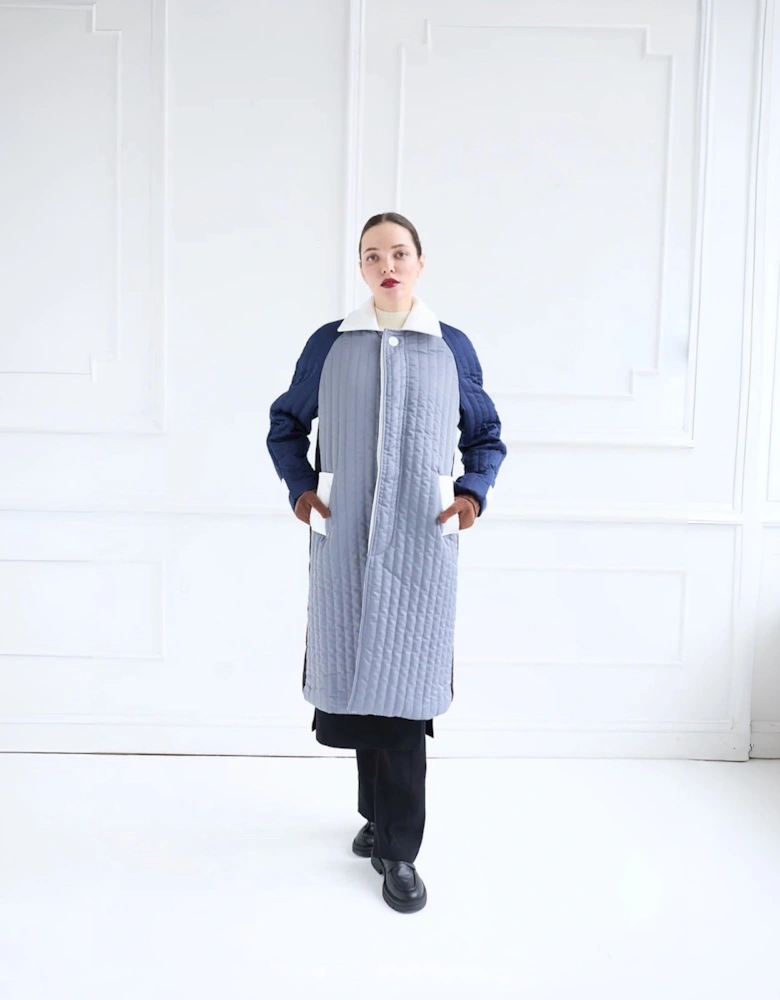 Grey Navy Patchwork Block Quilt Long Jacket