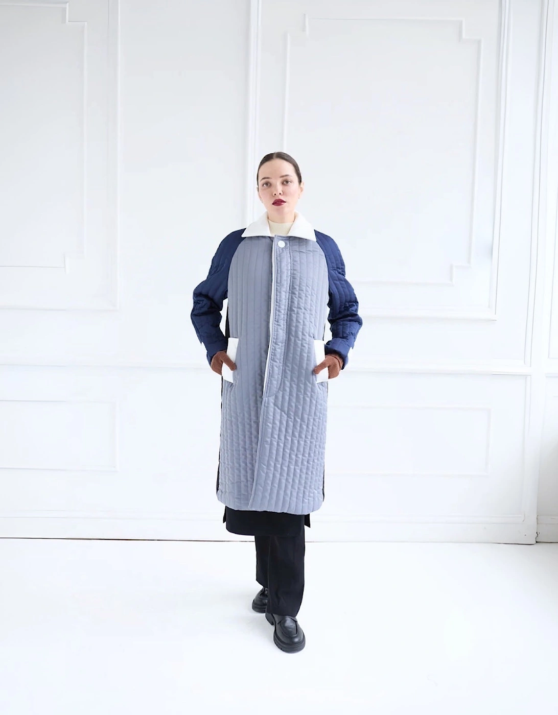 Grey Navy Patchwork Block Quilt Long Jacket