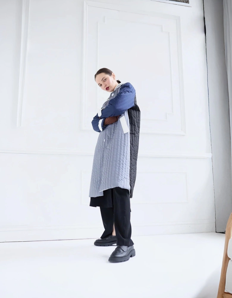 Grey Navy Patchwork Block Quilt Long Jacket