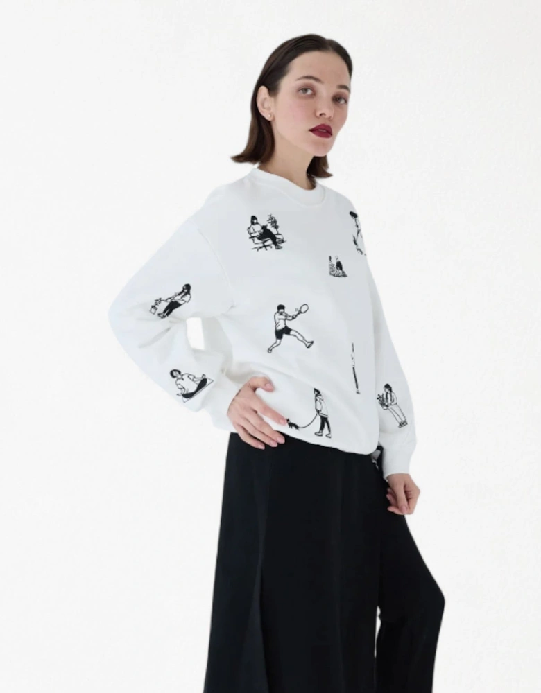 White Heavyweight Jumper With People Embroidery