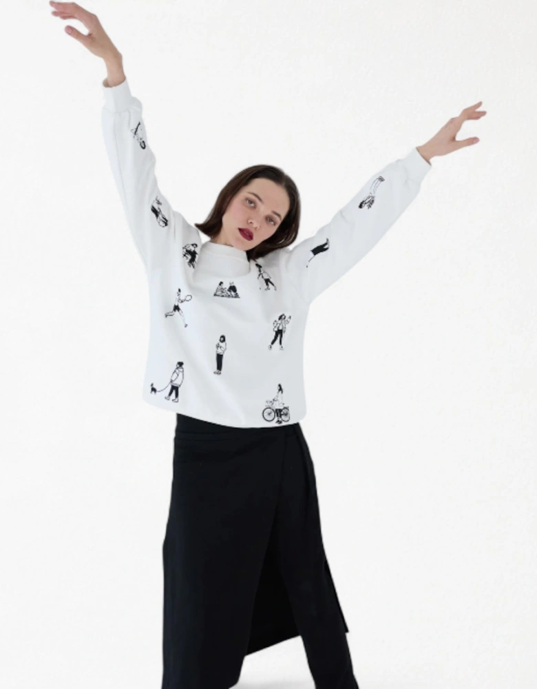 White Heavyweight Jumper With People Embroidery