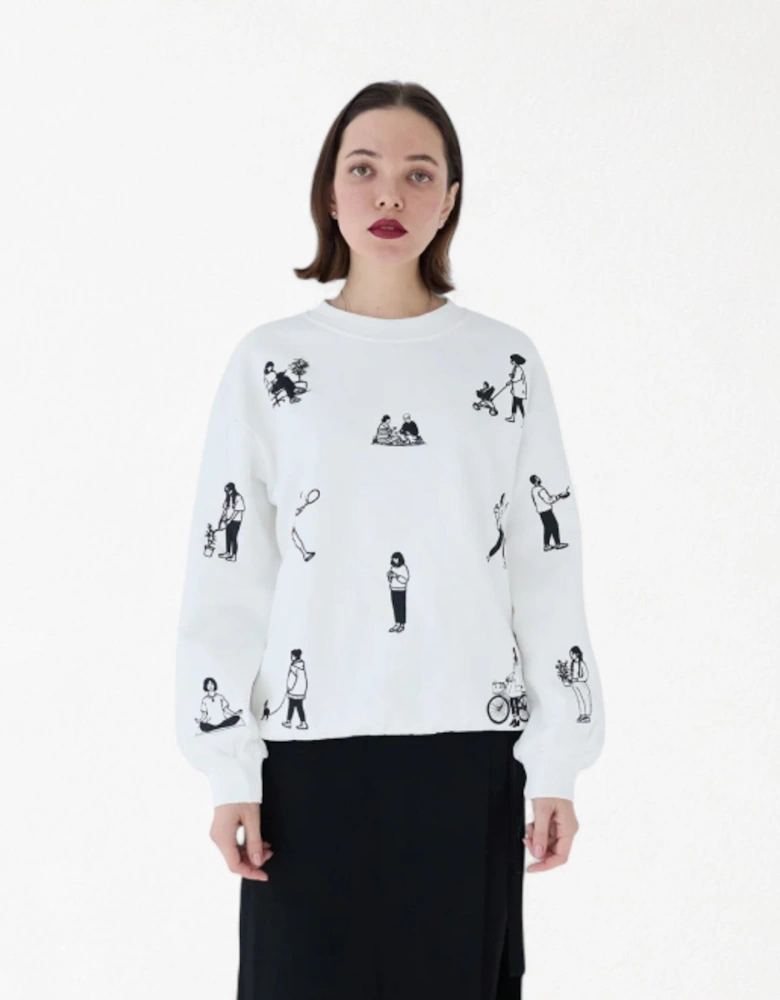 White Heavyweight Jumper With People Embroidery