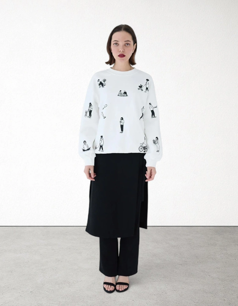 White Heavyweight Jumper With People Embroidery