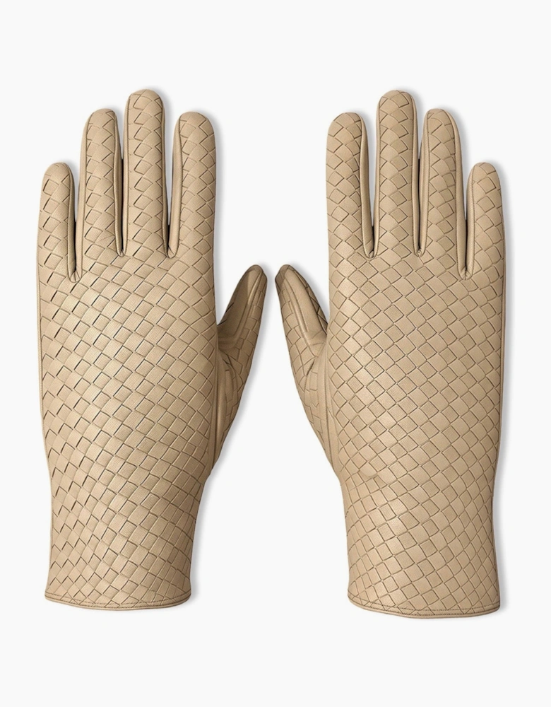 Beige Woven Leather Short Gloves