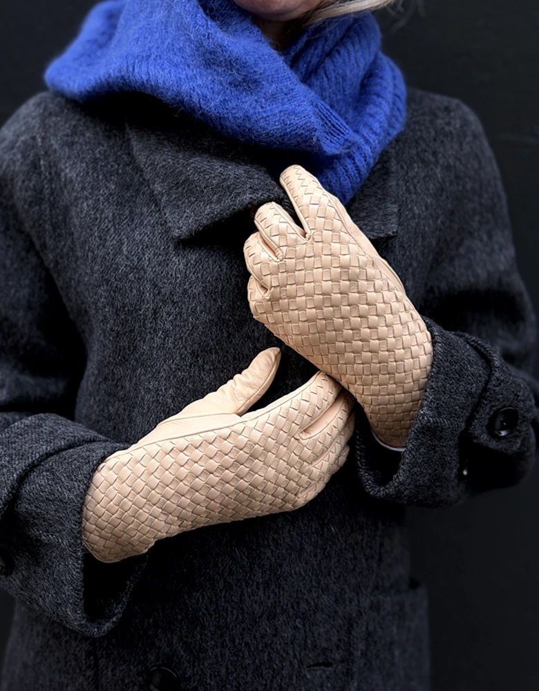Beige Woven Leather Short Gloves