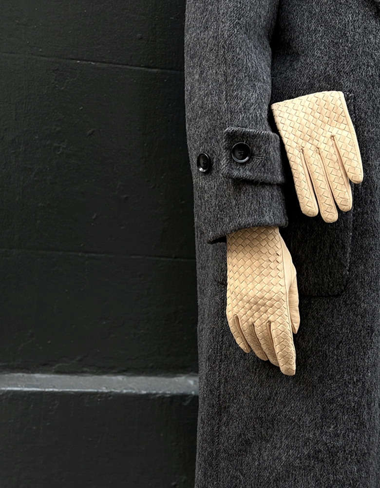 Beige Woven Leather Short Gloves