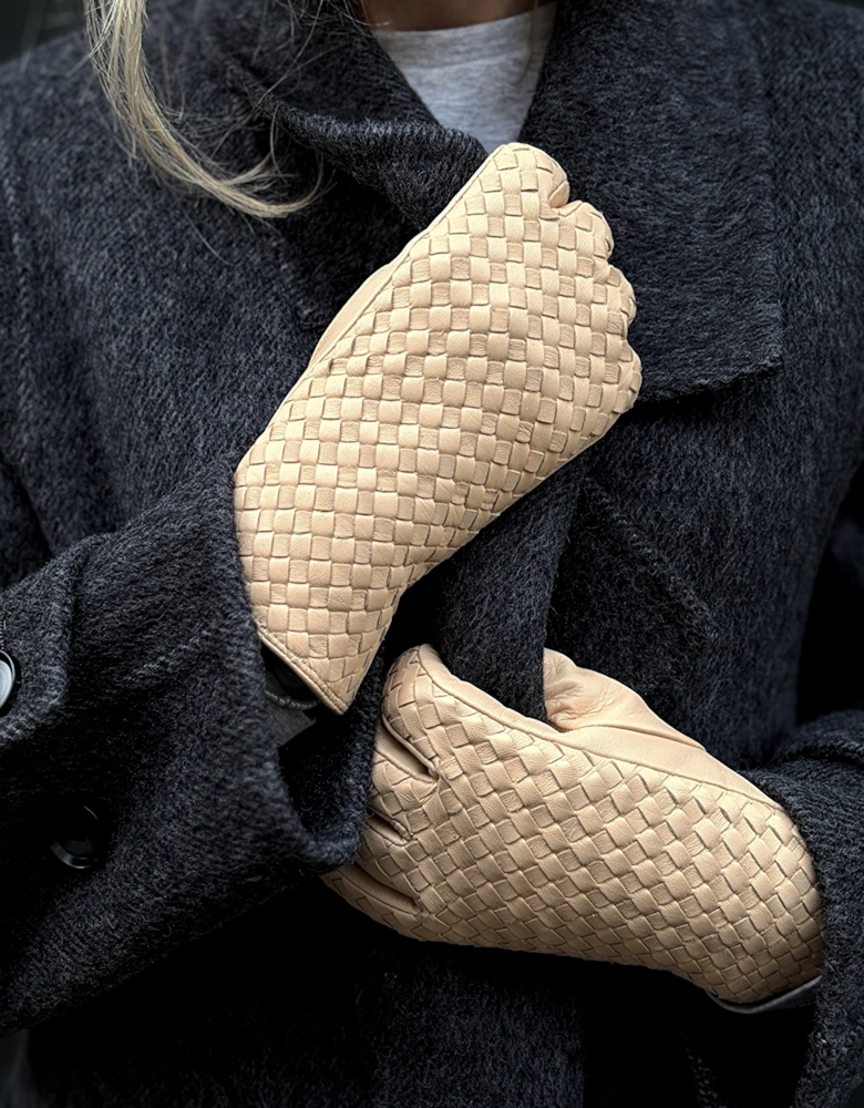 Beige Woven Leather Short Gloves