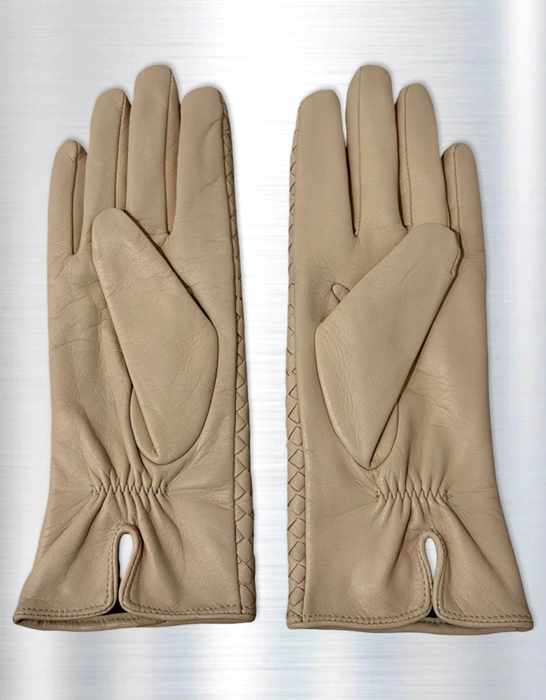 Beige Woven Leather Short Gloves
