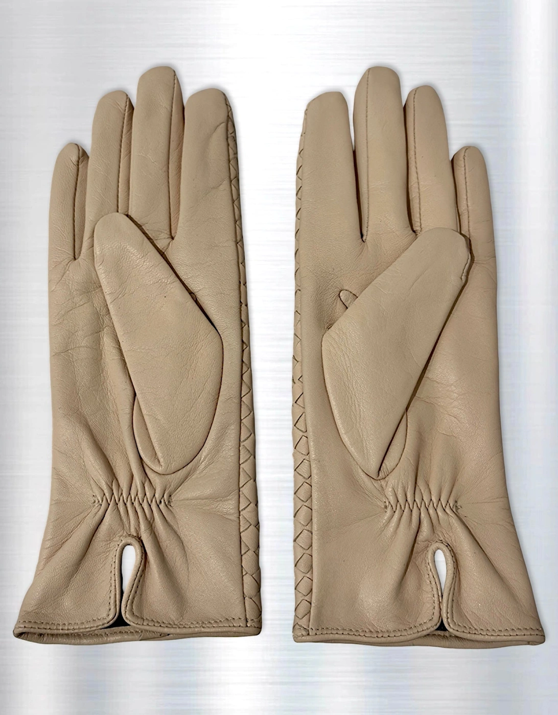 Beige Woven Leather Short Gloves