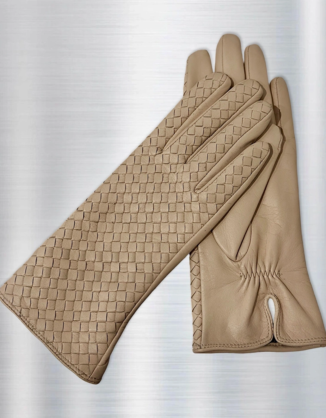 Beige Woven Leather Short Gloves