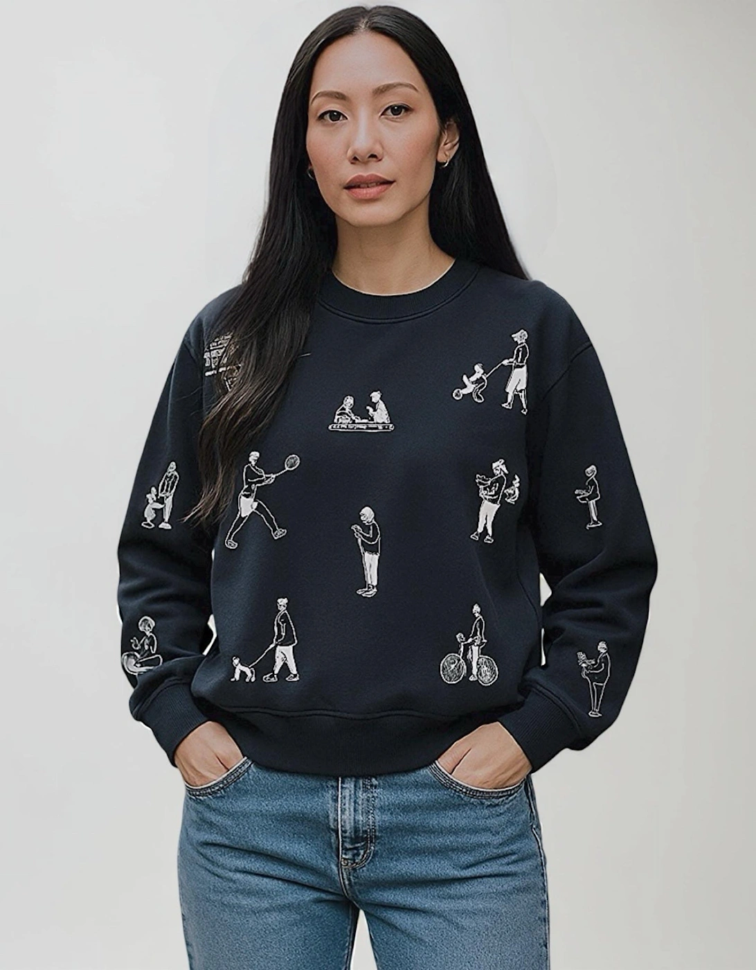 Navy Heavyweight Jumper With People Embroidery