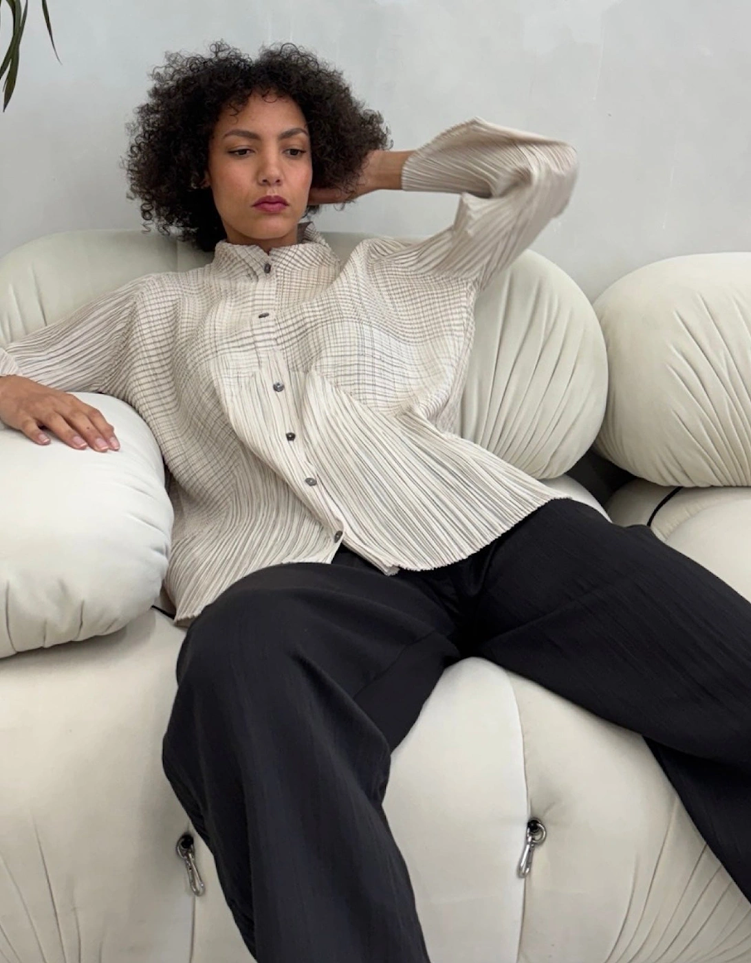 Beige Multi Way Accordion Pleated Shirt