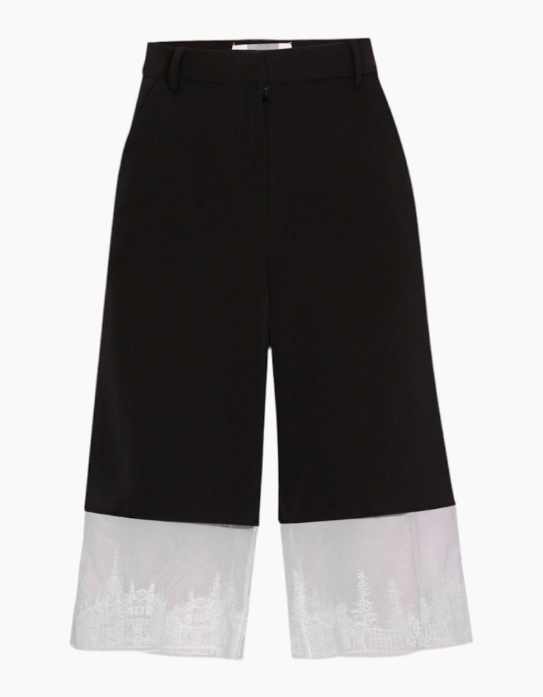 Black Wide Leg Capri Trousers With Embroidery Lace