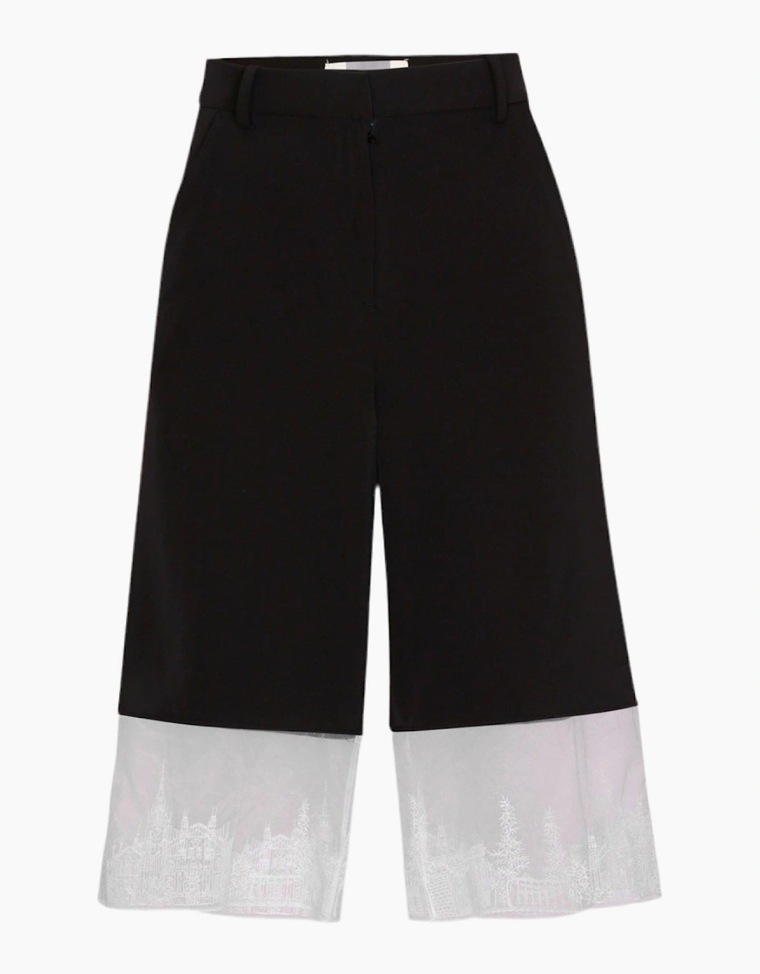Black Wide Leg Capri Trousers With Embroidery Lace