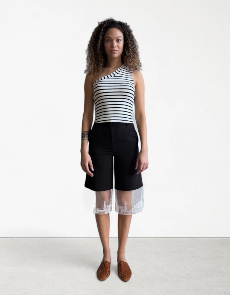 Black Wide Leg Capri Trousers With Embroidery Lace