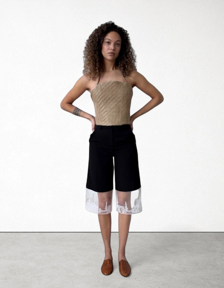 Black Wide Leg Capri Trousers With Embroidery Lace