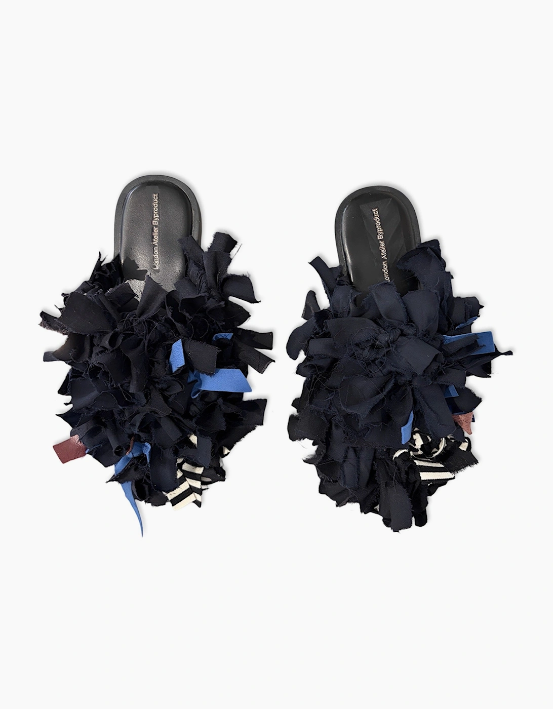 Pom Pom Black Fabric and Leather Mules Slip On Shoes