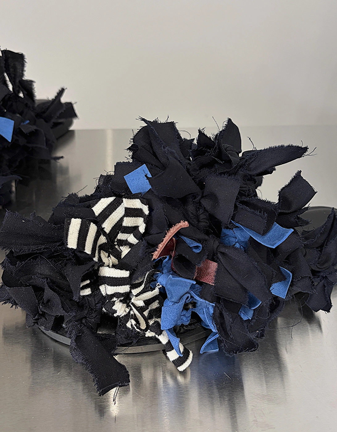 Pom Pom Black Fabric and Leather Mules Slip On Shoes