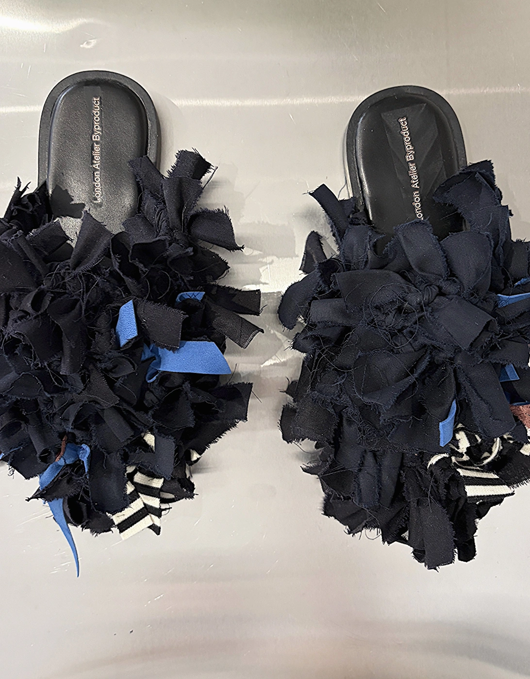 Pom Pom Black Fabric and Leather Mules Slip On Shoes