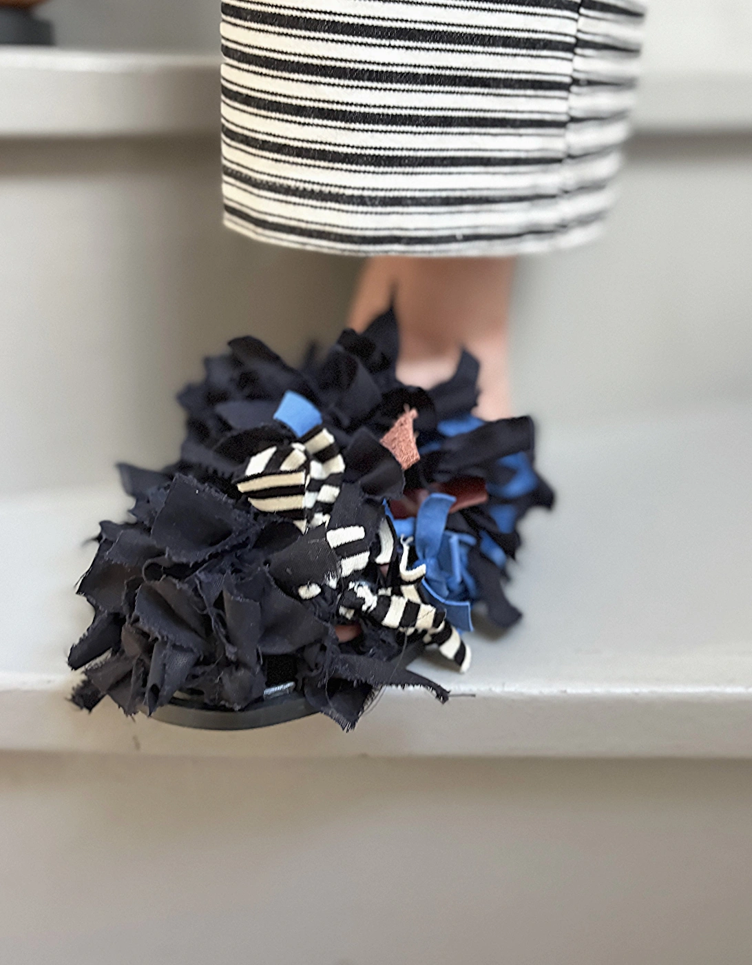 Pom Pom Black Fabric and Leather Mules Slip On Shoes