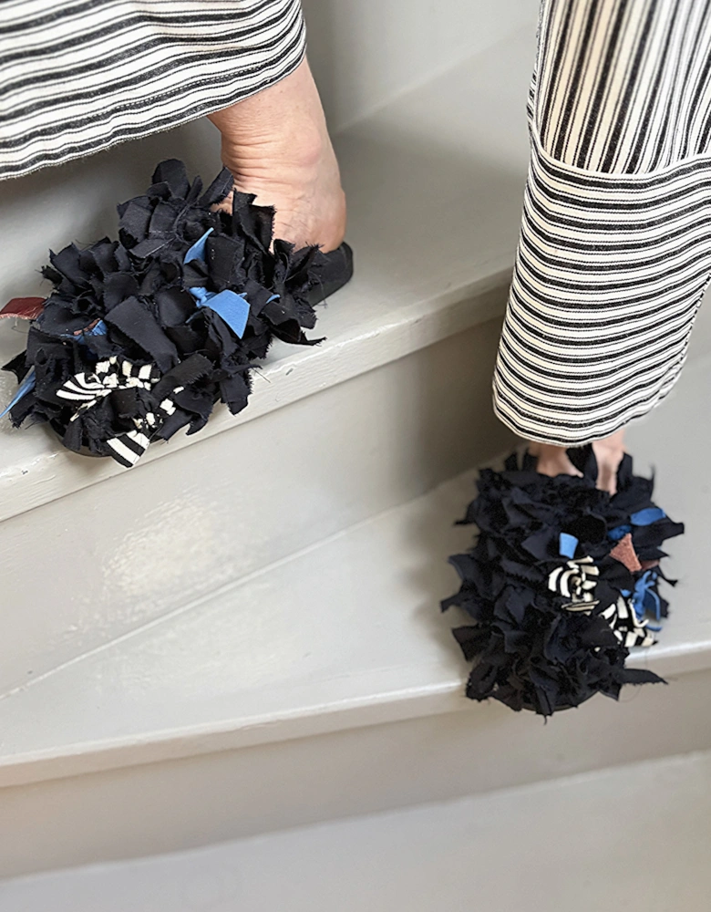 Pom Pom Black Fabric and Leather Mules Slip On Shoes