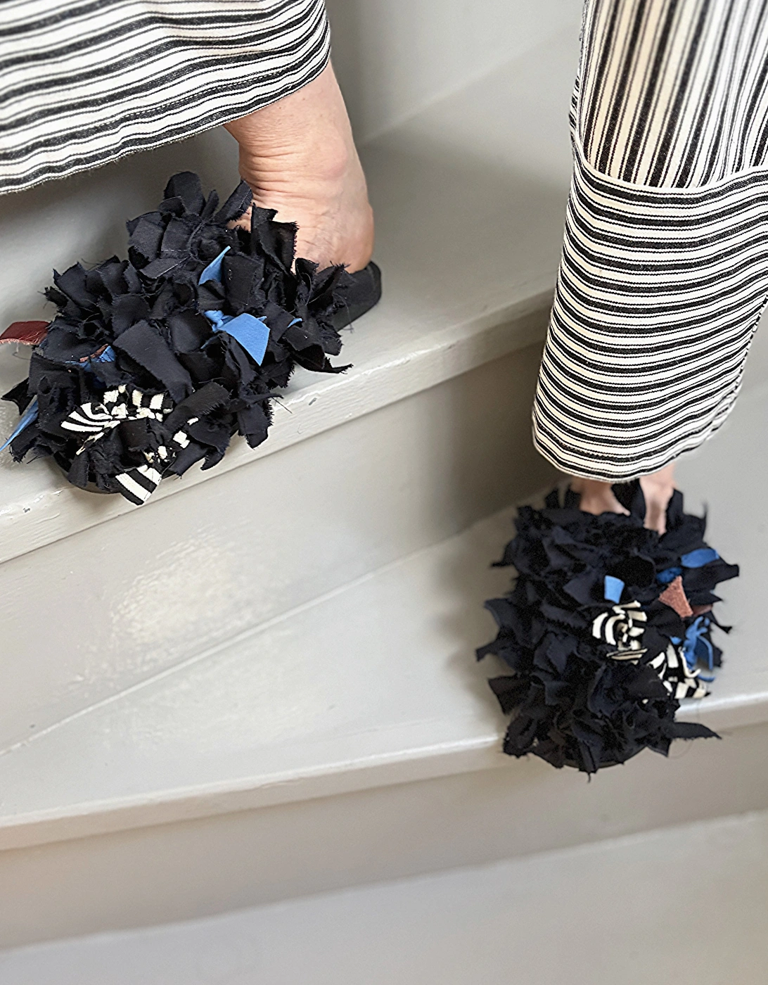 Pom Pom Black Fabric and Leather Mules Slip On Shoes